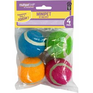 Multipet Minipet Squeaky Tennis Balls - Assorted Colors - 4 Pack