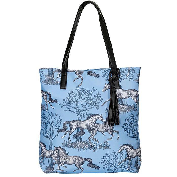 AWST Int'l "Lila" Blue Toile Pattern Tote Bag with  Tassel