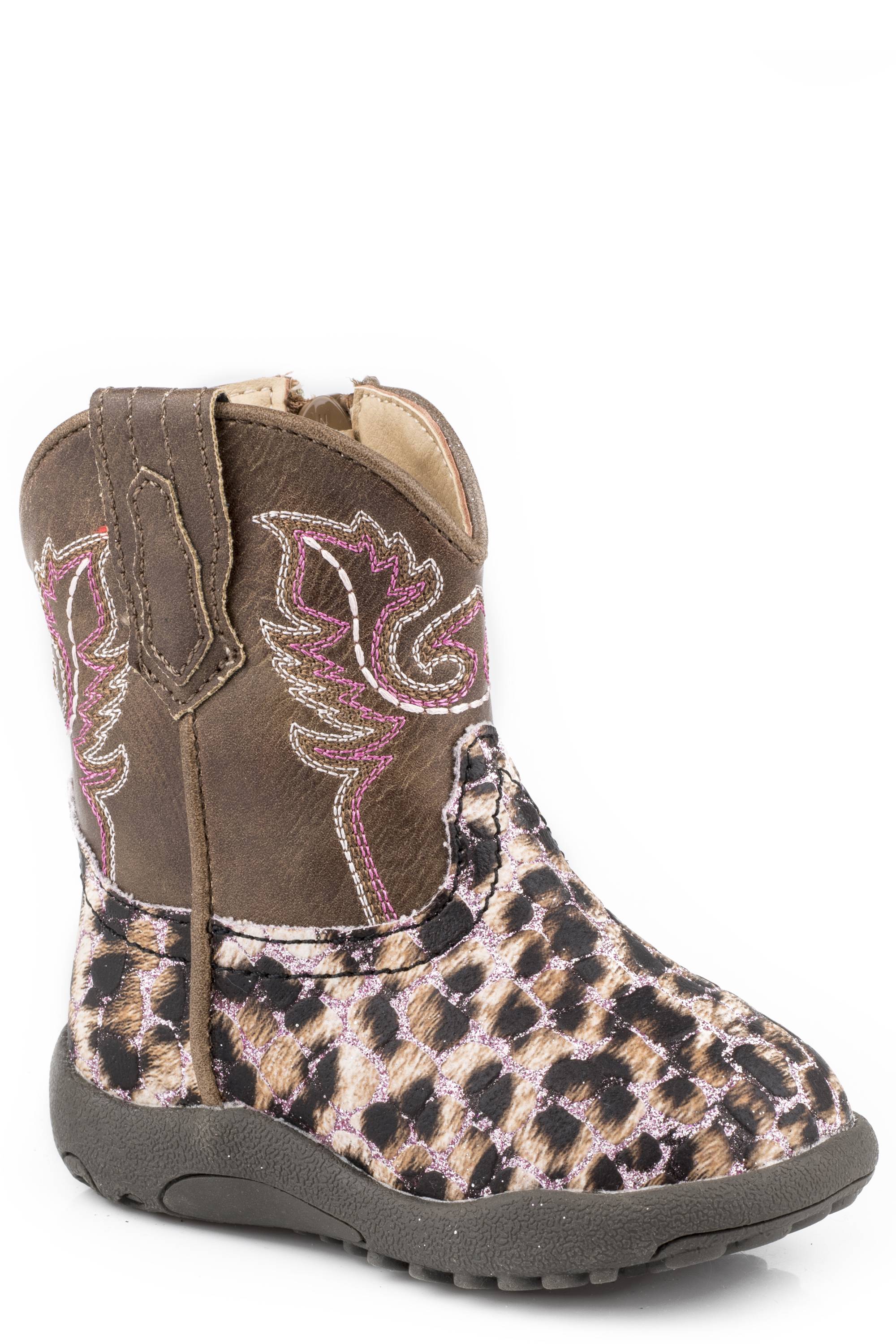 Roper Cowbabies Infant Girls Tan Shaft with Leopard Print Vamp Boots