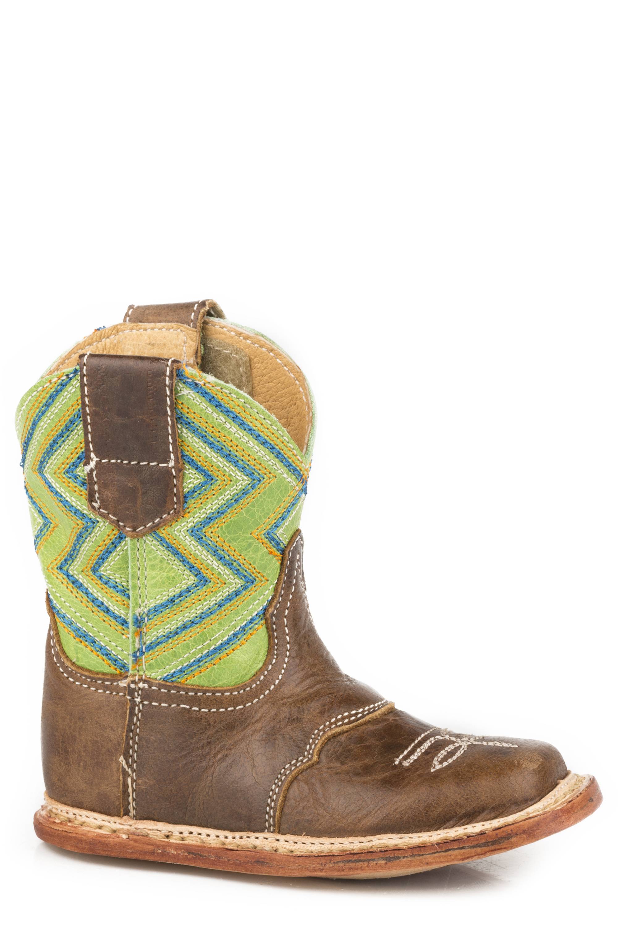 Roper Infant Cowbabies Embroidered Bright Green Geo Leather Boots