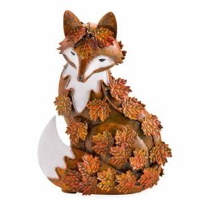 Handcrafted Metal Fox Draped in Fall Leaves