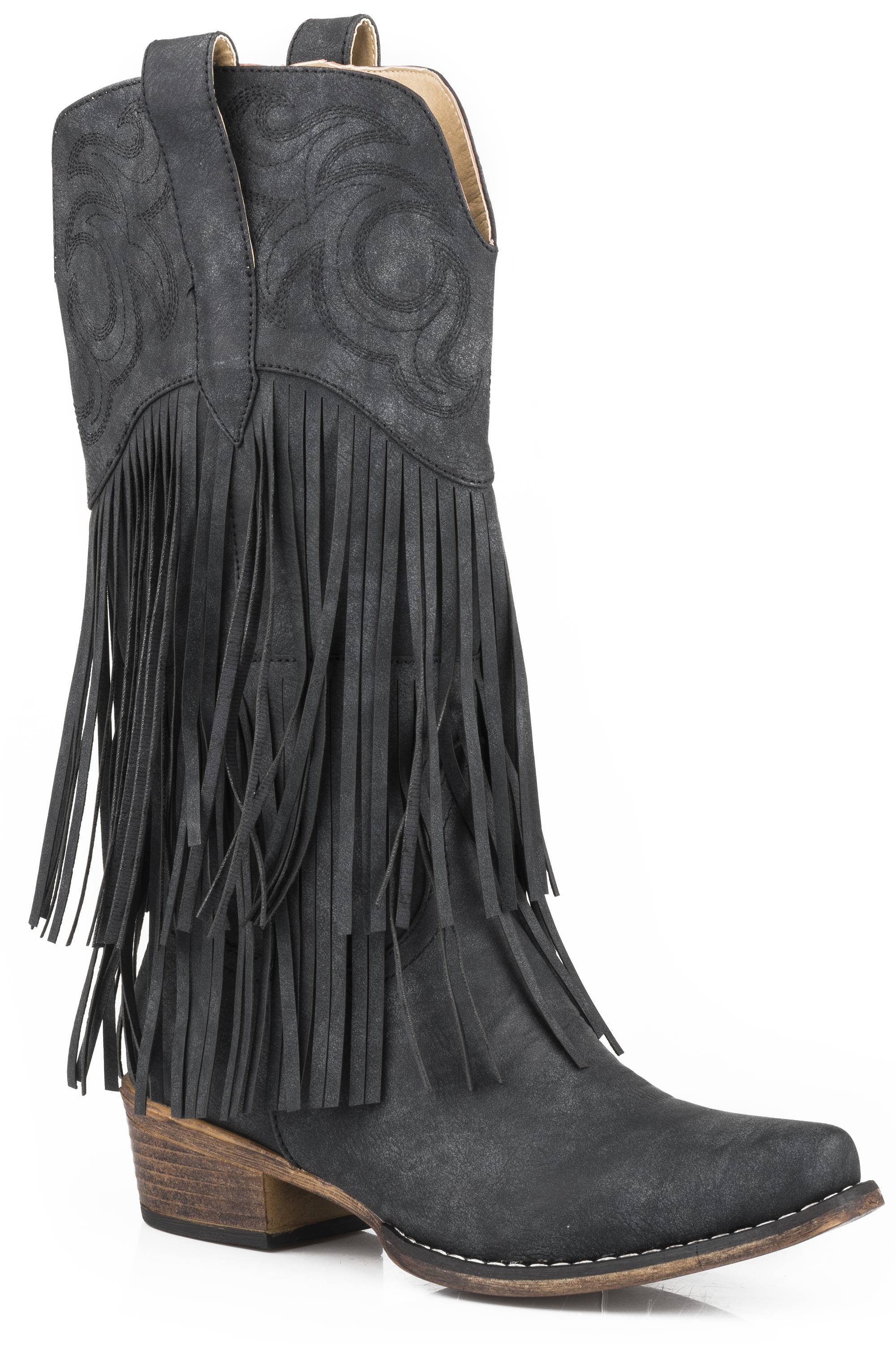 Roper Ladies Black Smooth Fringe Western Boots