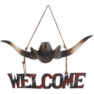 Gift Corral Longhorn with Cowboy Hat Welcome Sign
