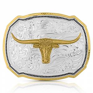 Montana Silversmiths Right Cut of the Rope Buckle with Longhorn Steer
