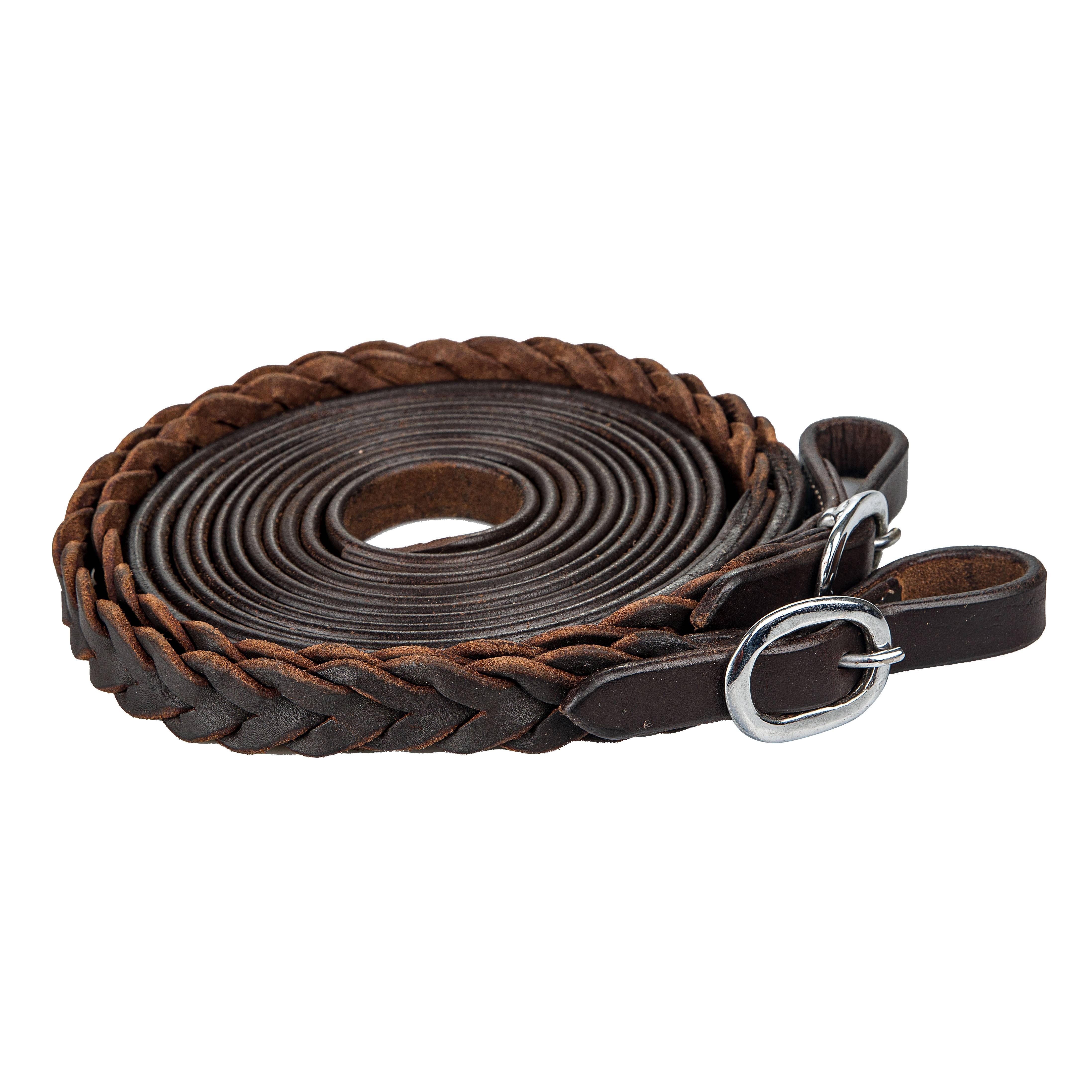 RE147-BROWN-5/8X75 Tabelo Split Reins with  Mystery Braid sku RE147-BROWN-5/8X75