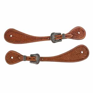 MEMORIAL DAY BOGO: Tabelo Shaped Spur Straps with  Basket Tooling - YOUR PRICE FOR 2