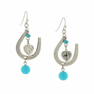 1928 Jewelry Faux Turquoise Horseshoe and Suspended Heart Drop Earrings