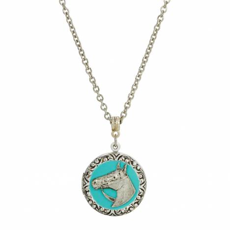 1928 Jewelry Turquoise Enamel Horse Round Locket Necklace