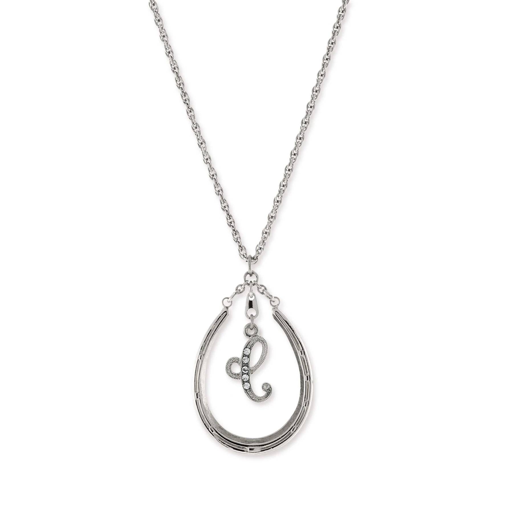 1928 Jewelry Pewter Horseshoe Crystal Initial Necklace