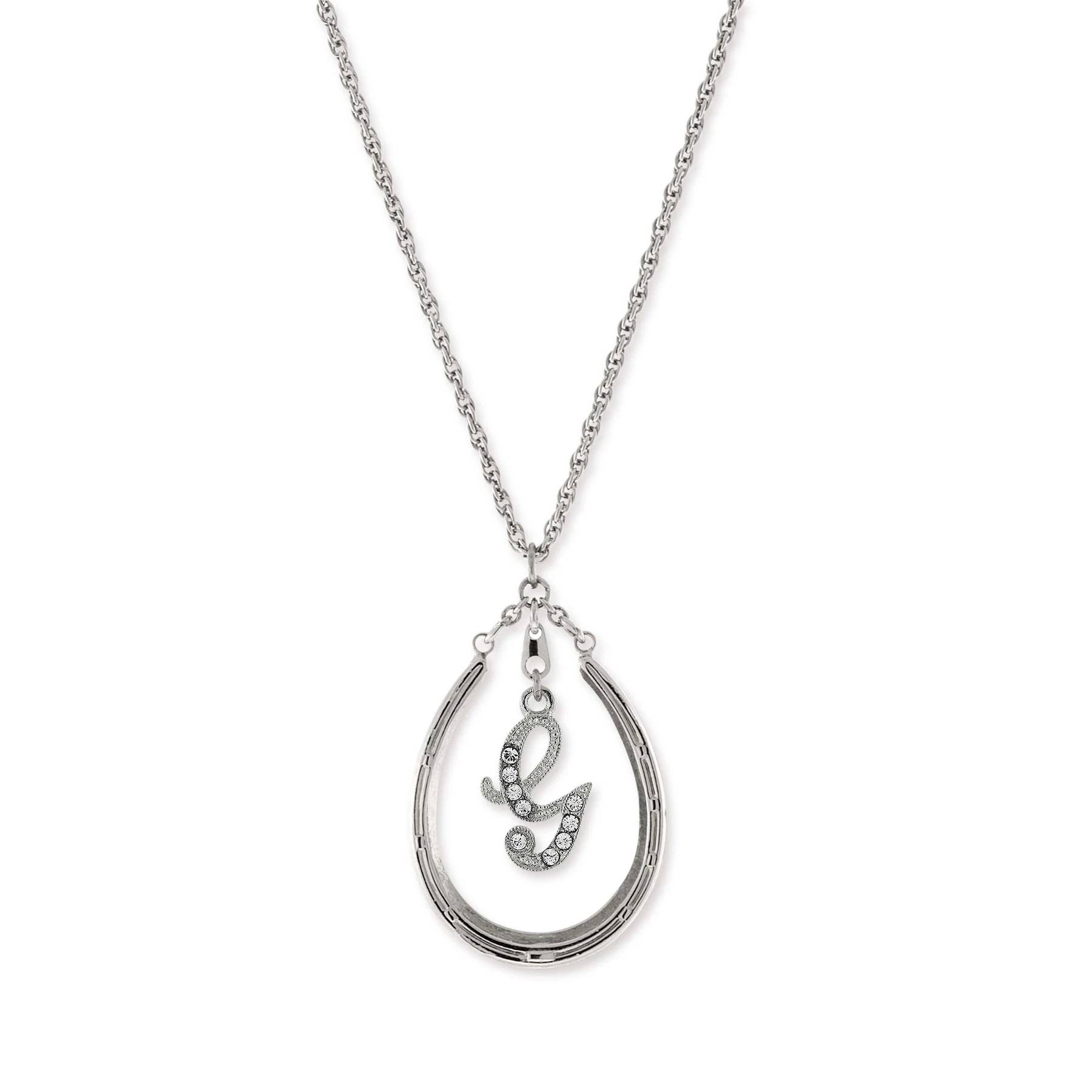 1928 Jewelry Pewter Horseshoe Crystal Initial Necklace