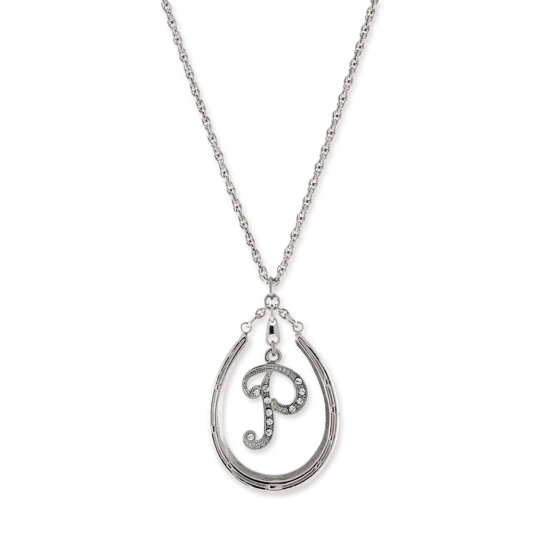 1928 Jewelry Pewter Horseshoe Crystal Initial Necklace