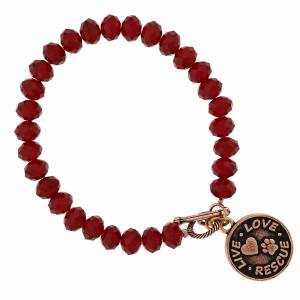 1928 Jewelry Glass Beads Live Love Rescue Toggle Pendant Bracelet - Red - 7L