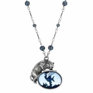1928 Jewelry Montana Blue Beaded Pewter Cat And Fish Necklace
