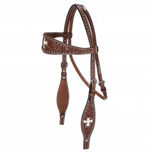 TABELO Browband Headstall with Tooling, Hair On Cross Inlay & Sun Spots