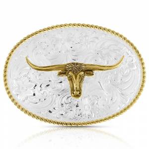 Montana Silversmiths Small Two-Tone Engraved Western Buckle with Longhorn
