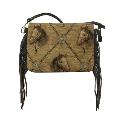 American West Tapestry Zip Top Horse Crossbody bag with Fringe