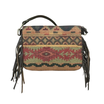 American West Tapestry Zip Top Crossbody Bag with Fringe