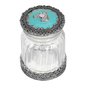 1928 Jewelry Horse Head Turquoise Enamel Ridged Glass Jar