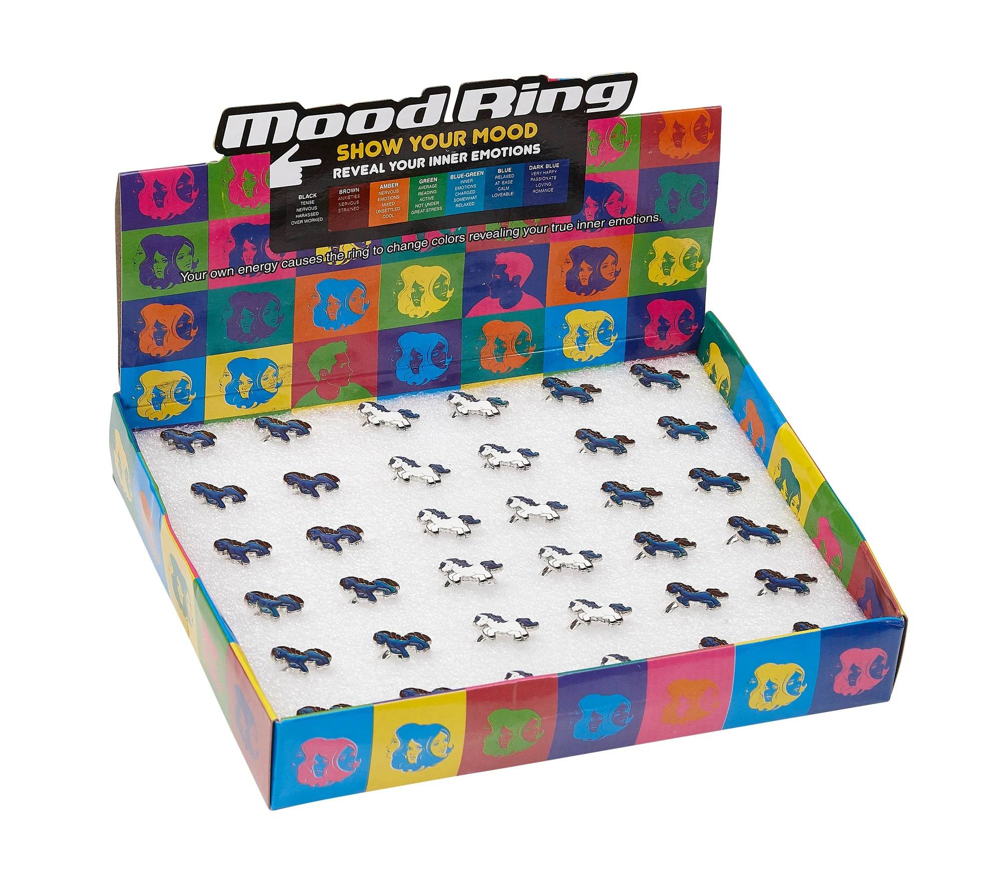 AWST Int'l Colorful Horses Mood Ring Display with 36 Rings