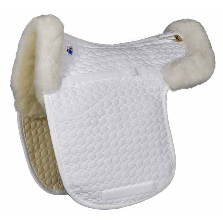 E.A. Mattes Gold Dressage Contour Pad with Sheepskin Front/Rear Trim & Bare Flaps