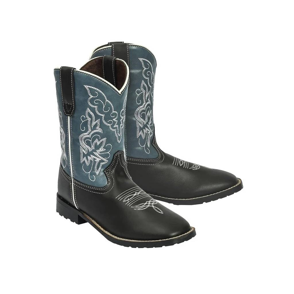 TuffRider Youth Yellowstone Rounded Toe Western Boot- Mocha with Blue- 4Y