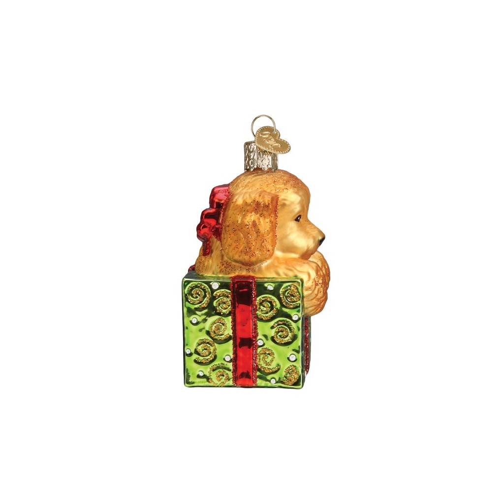 Puppy Present Glass Ornament