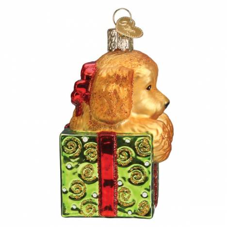 Puppy Present Glass Ornament