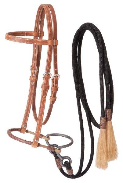 Tough-1 Harness Leather Headstall with  Training Bosal & Cord Split Reins