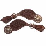 Ladies Tear Drop Spur Straps Fancy tooled with silver engraved concho and buckle