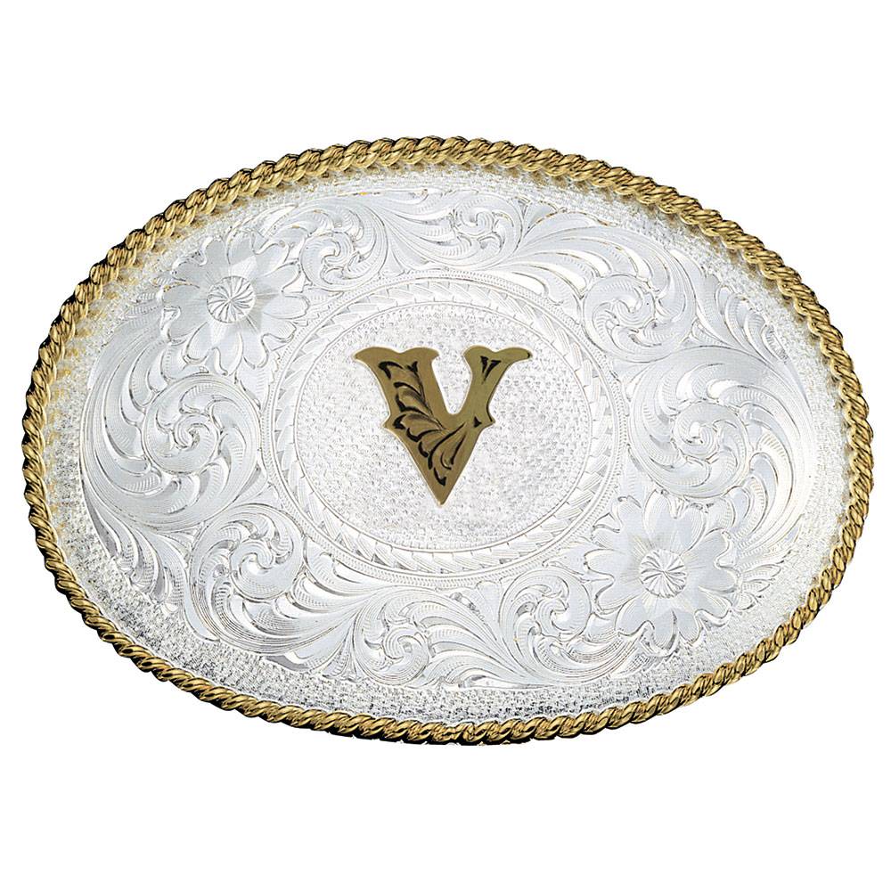 Montana Silversmiths Initial Silver Engraved Gold Trim Western Belt Buckle