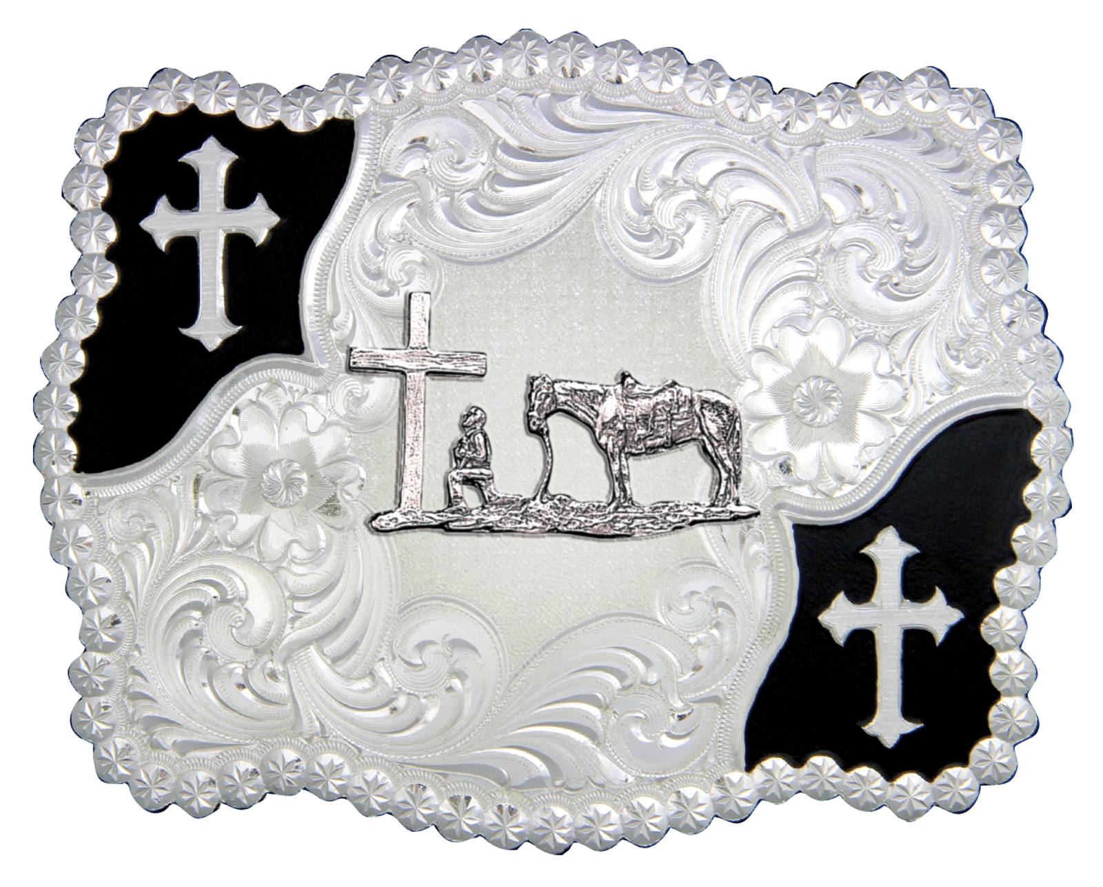 Montana Silversmiths Christian Flourish Scallop Shape Belt Buckle with Christian Cowboy