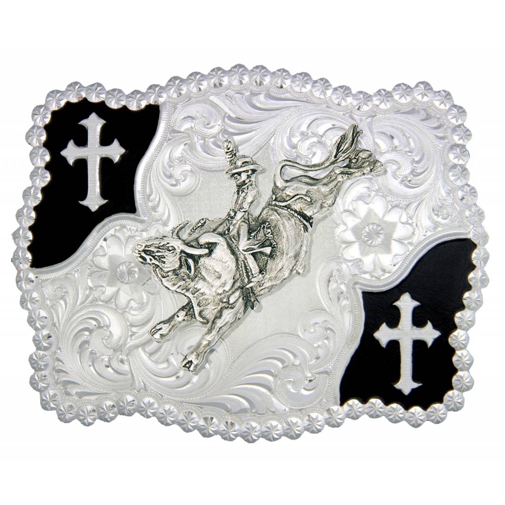 Montana Silversmiths Christian Flourish Scallop Shape Belt Buckle with Bullrider