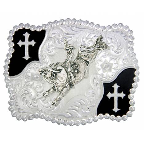 Montana Silversmiths Christian Flourish Scallop Shape Belt Buckle with Bullrider