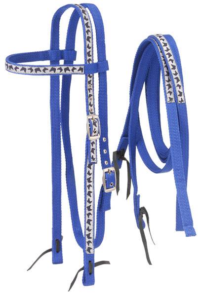 Tough-1 Nylon Browband Headstalls and Reins with  Printed Horse Head Overlay
