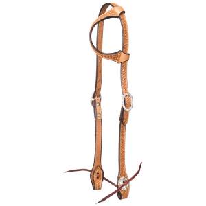 Tough-1 Leather Single Ear Headstall - Basket Stamp with  Silver Hardware