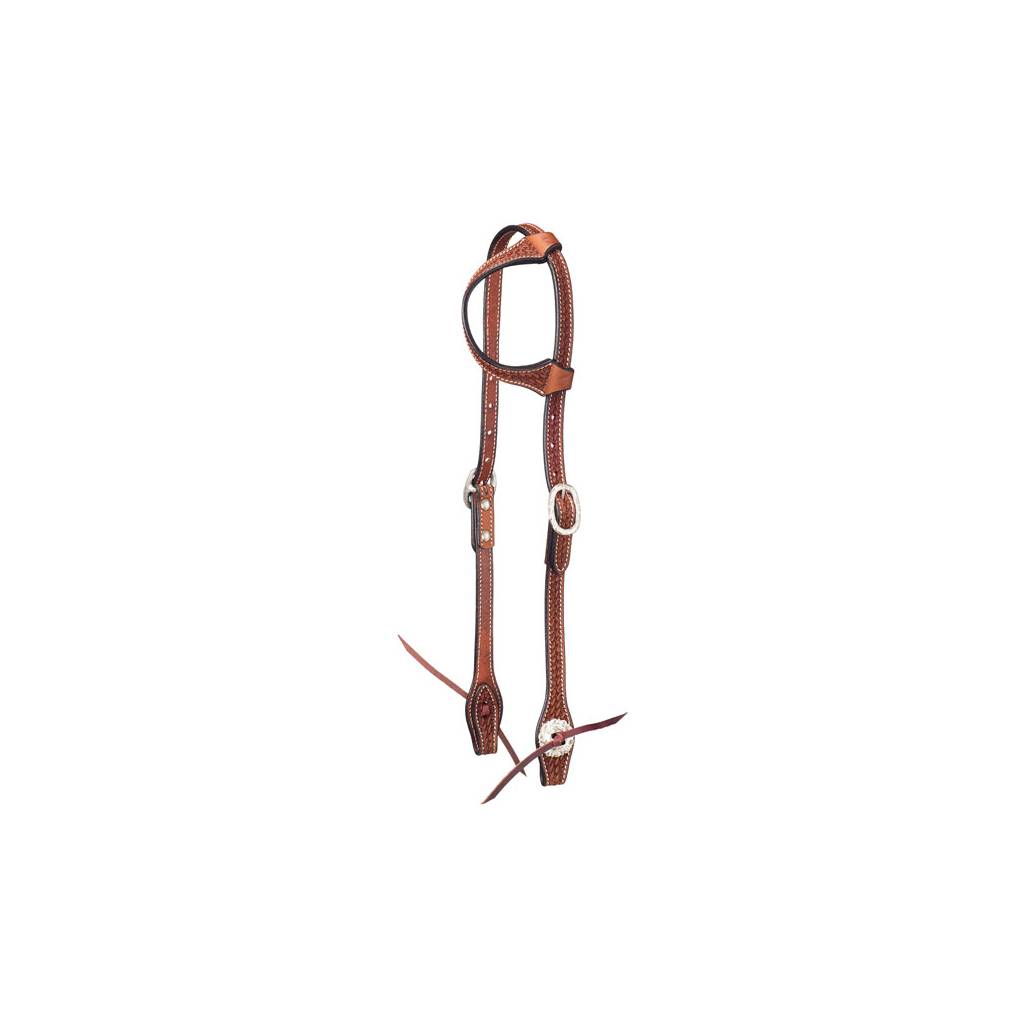 Tough-1 Leather Straight Brow Headstall - Basket Stamp with Silver Hardware