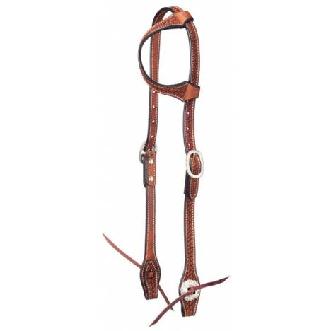 Tough-1 Leather Single Ear Headstall - Basket Stamp with Silver Hardware