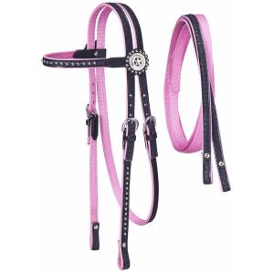Tough-1 Nylon Headstall with Leather Overlay & Silver Dots with Reins