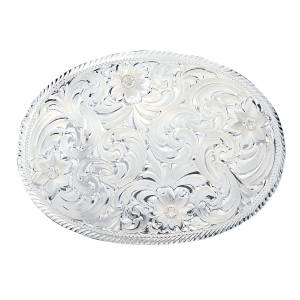 Montana Silversmiths Silver Engraved Western Belt Buckle with Etched Trim