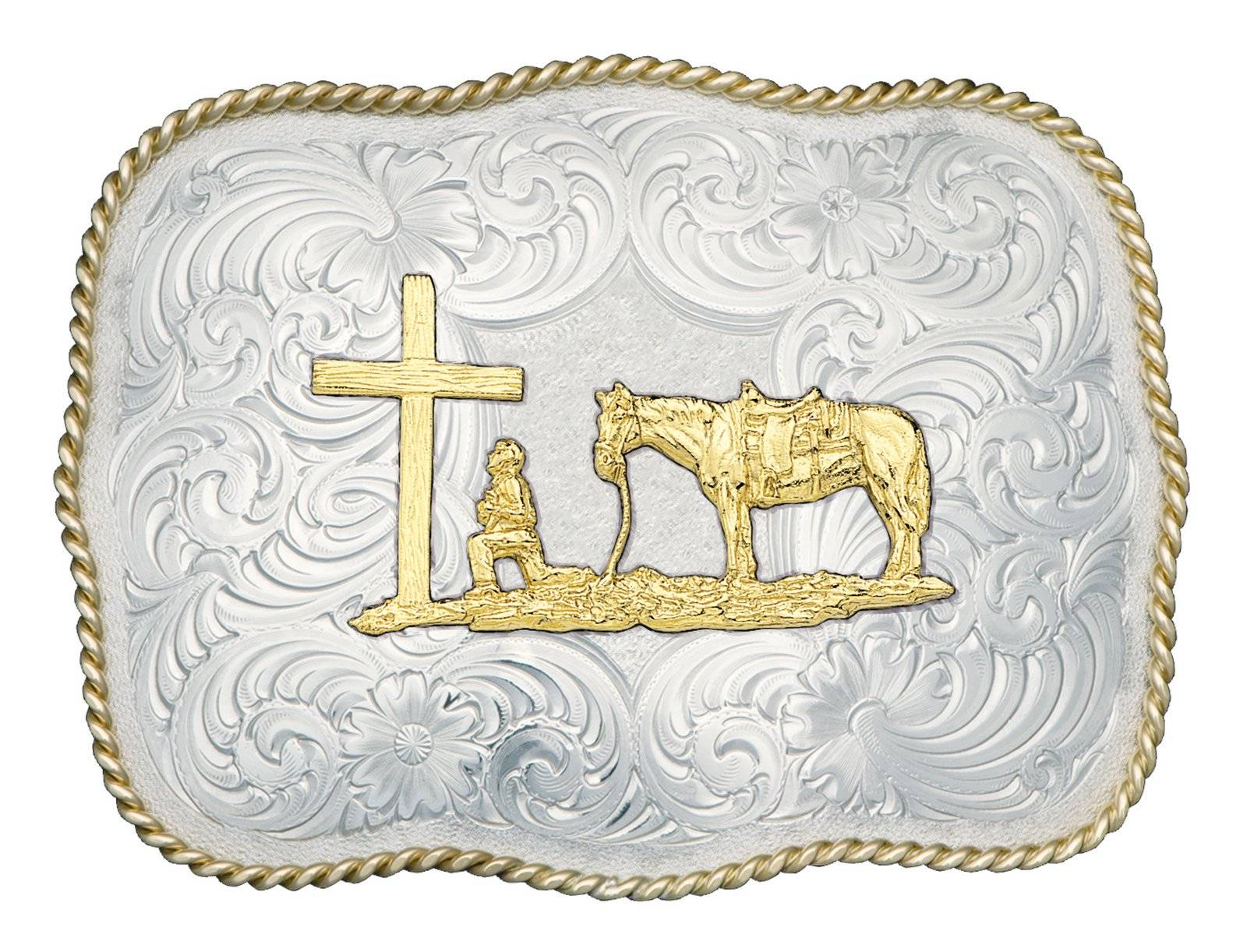 Montana Silversmiths Scalloped German Silver Belt Buckle with  Christian Cowboy