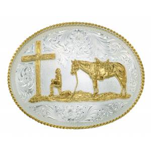 Montana Silversmiths Large Silver Engraved Belt Buckle with Christian Cowboy