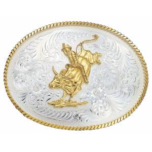 Montana Silversmiths Large Silver Engraved Western Belt Buckle with Bull Rider