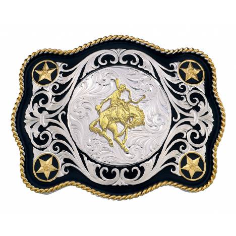 Montana Silversmiths Scalloped Sheridan Style Western Belt Buckle with Bronc Rider