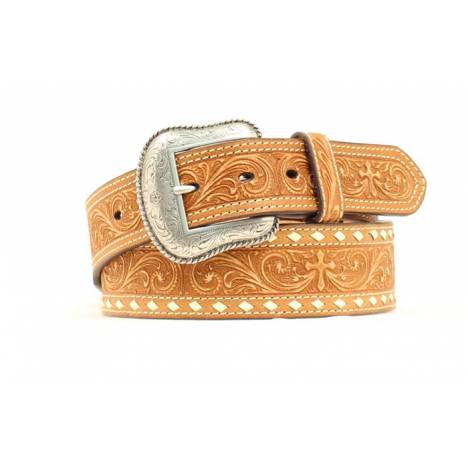 Nocona Mens Tooled Floral & Cross Belt with Stitching