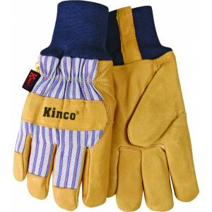 Kinco Lined Suede Pigskin Knit Wrist Glove - Tan/Blue/Red - Medium