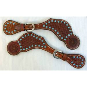 Western Spur Strap Stamped Basketweave with Turquoise Dots
