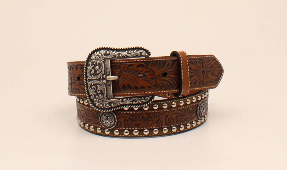 Ariat Mens Floral Embossed Overlay Round Concho Belt | HorseLoverZ