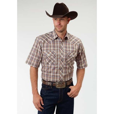 Roper Mens Western Short Sleeve Snap Plaid Shirt - Earth Brown