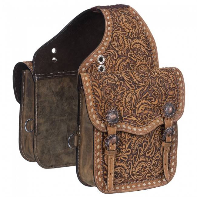 61-9910-91-0 Tough-1 Leather Floral Tooled Saddle Bag sku 61-9910-91-0