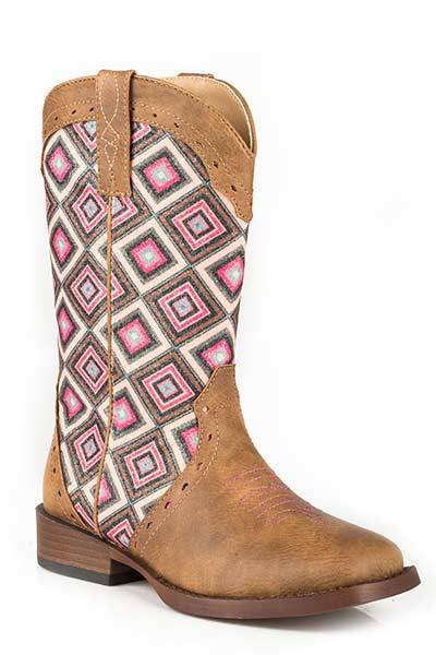 Roper Kids Glitter Geo Bling Wide Square Toe Cowgirl Boots